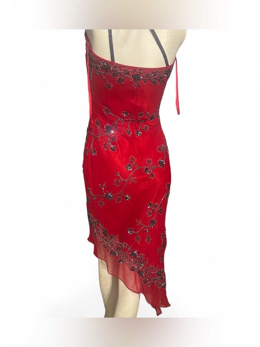 Vintage Scala Red maxi dress with black floral embroidery, 100% silk size XS - Picture 3 of 9